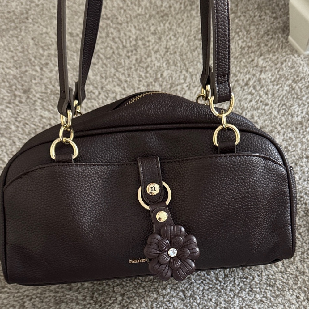 Nanette Lepore Dark Brown Shoulder Bag with Floral Charm
